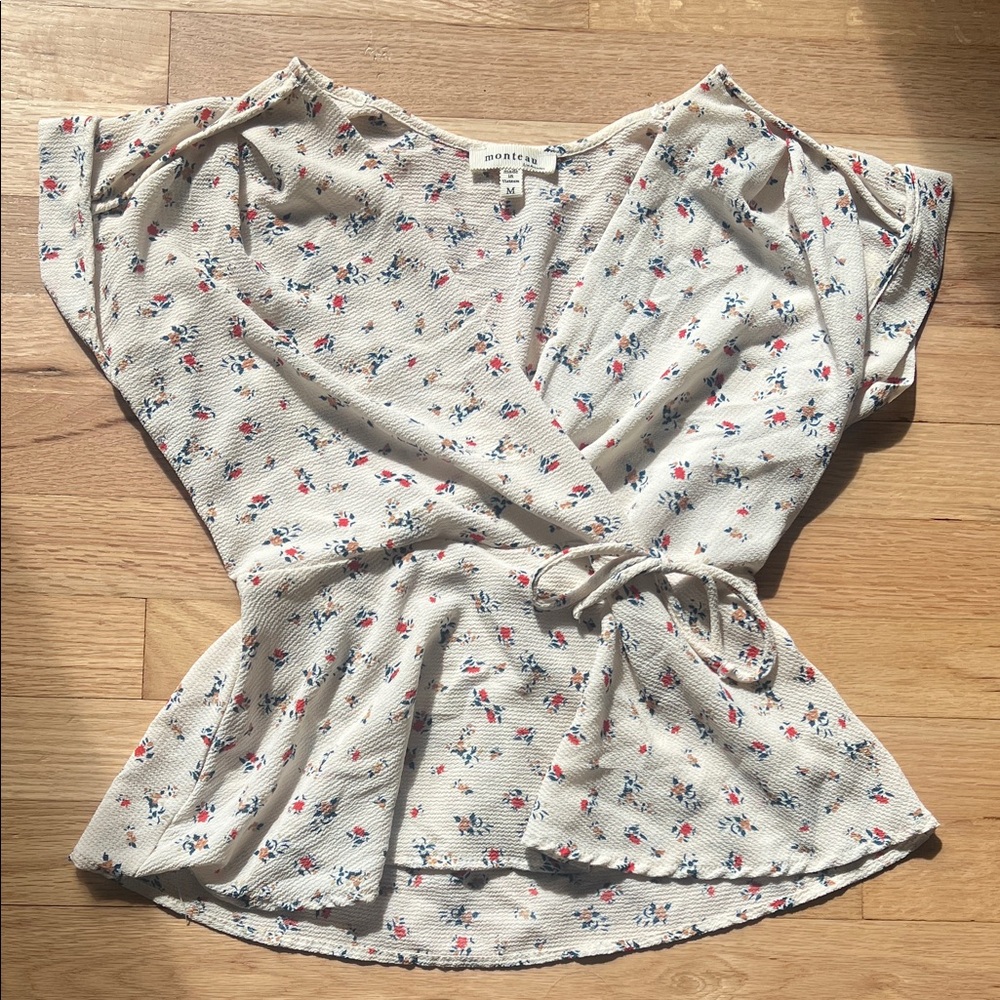 Monteau Cream Floral Wrap Peplum Blouse with Red & Blue Flowers